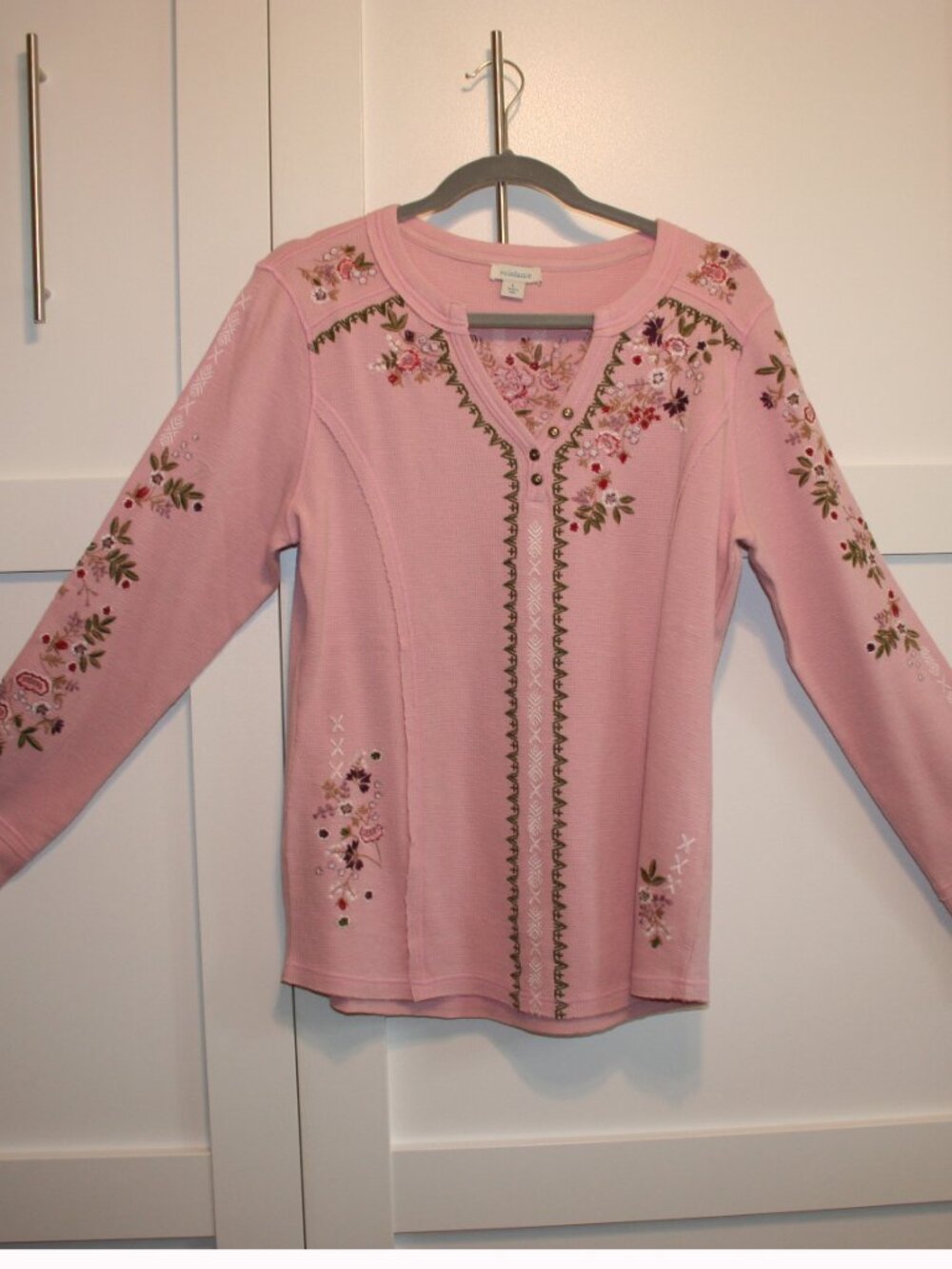 Sundance Fayette Floral Henley Womens Pink Sz L Embroidered Waffle Knit LS Shirt